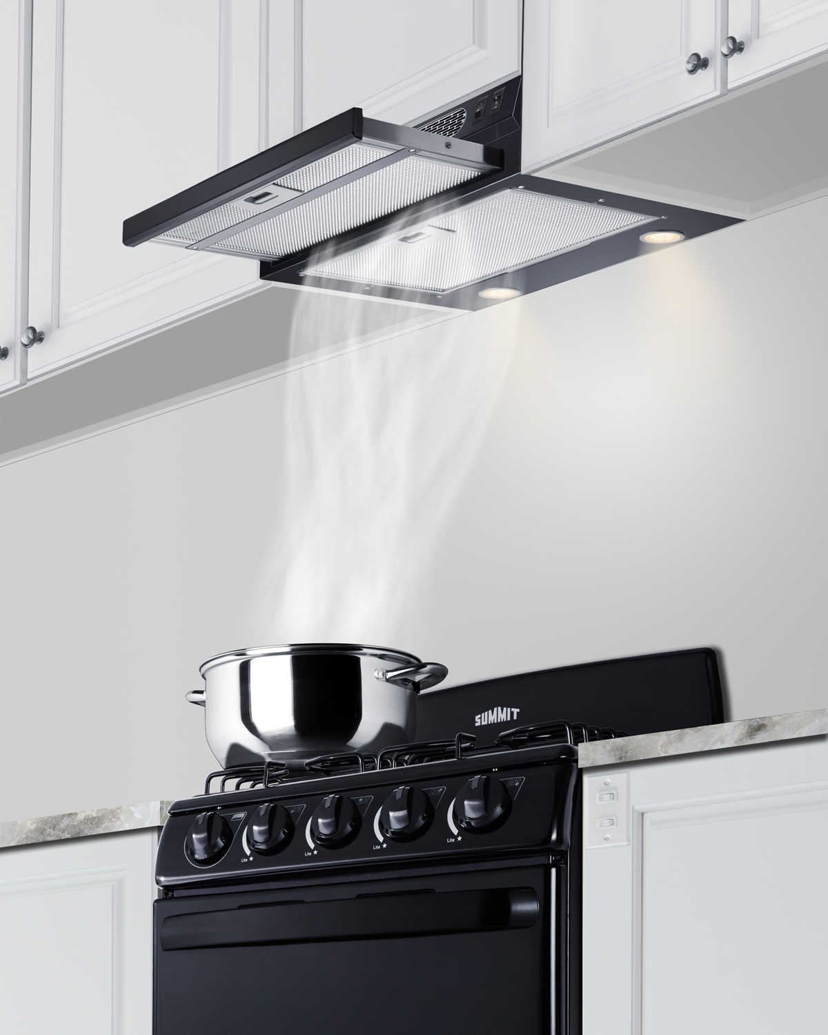 24 inch wide ADA compliant under cabinet retractable range hood for ductless use in black, made in the USA with separate wall switch for ADA applications
